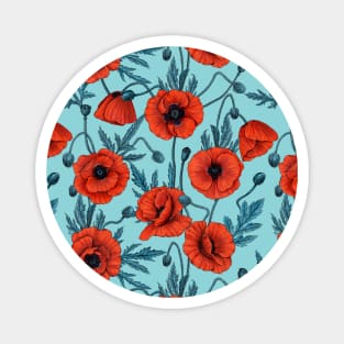 Poppies, red and blue on pool blue Magnet